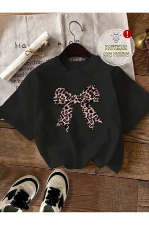 Unisex Leopar Desenli Kurdele Baskılı Tasarım Tshirt