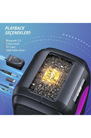 W-KING T9PRO Bluetooth Hoparlör 250W Partybox 24S Dinleme IPX5 ve Kablolu Mikrofon Siyah