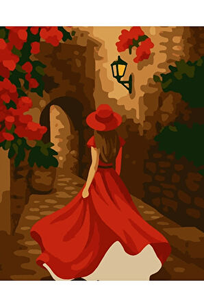 Sayılarla Boyama Seti 40x50 Cm (Çıtalı) Fırça Boya Dahil Numaralı Tuval Kırmızı Elbiseli Kız