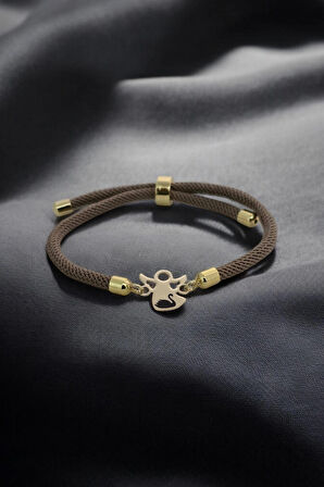 Kuğu Temalı İpek Örgülü Mevlana Figürlü 14 Ayar Altın Plakalı Hediye Bileklik-335sembol-kahverengi