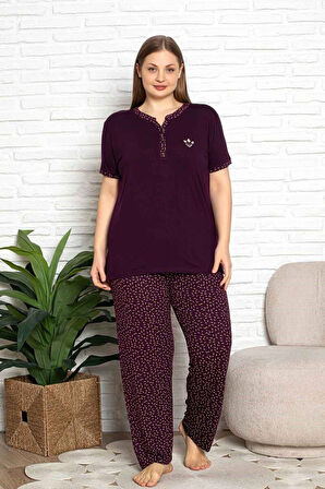 Kadın Mürdüm Desenli V Yaka 3 Düğmeli Likralı Viskon Kısa Kol Pijama Takımı
