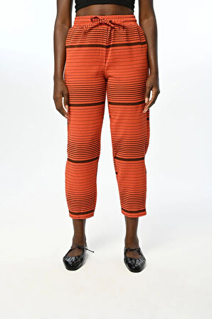 Yatay Çizgi Desenli Beli Lastikli Rahat Kalıp Pantolon