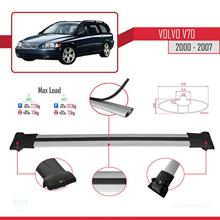 Volvo V70 2000-2007 Arası ile Uyumlu FLY Model Ara Atkı Tavan Barı Gri 3 Adet