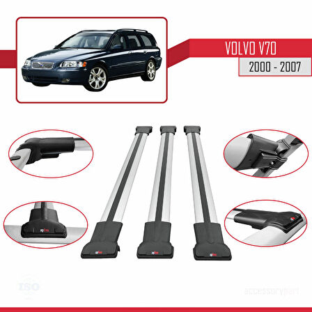 Volvo V70 2000-2007 Arası ile Uyumlu FLY Model Ara Atkı Tavan Barı Gri 3 Adet