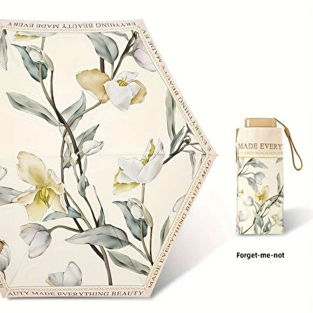Forget Me Not Çiçek Desenli Otomatik Şemsiye, Krem Rengi, 91 cm Çap, Katlanabilir, Taşınabilir