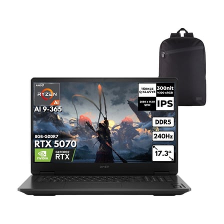 HP Omen 17-DB1020NT Ryzen Aı 9-365 48 -Gbddr5 1 Tbssd RTX5070 (8gb-Gddr7) 17.3" Qhd 240Hz Windows 11 Pro + Zg Sırt Çantası CD5N0EAZG15