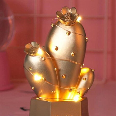 CT-STONES® Led Işıklı Sevimli Kaktüs Dekoratif Masa Lambası Mini Biblo Gece Lambası Gold