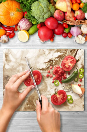 Cam Kesme Tahtası Bej/Kahve Mermer Desenli Çok Amaçlı 40x30 cm