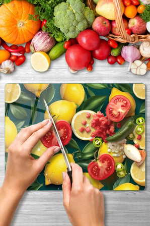 Cam Kesme Tahtası Limon Tasarımlı Çok Amaçlı 40 x 30 cm
