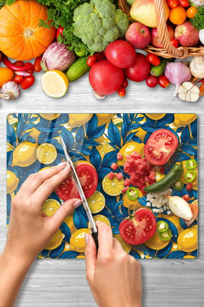 Cam Kesme Tahtası Limon Tasarımlı Çok Amaçlı 40 x 30 cm