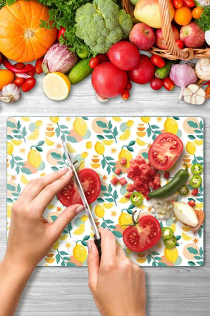 Cam Kesme Tahtası Limon Tasarımlı Çok Amaçlı 40 x 30 cm