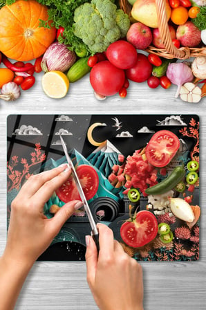 Cam Kesme Tahtası 3D Dağ Desenli Çok Amaçlı 40x30 cm