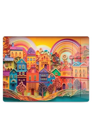 Cam Kesme Tahtası 3D Binalar Gökkuşağı Desenli Çok Amaçlı 40 x 30 cm