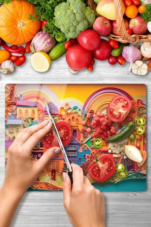 Cam Kesme Tahtası 3D Binalar Gökkuşağı Desenli Çok Amaçlı 40 x 30 cm