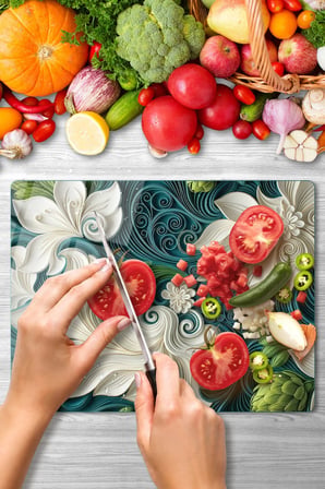 Cam Kesme Tahtası 3D Çiçek Desenli Çok Amaçlı 40x30 cm