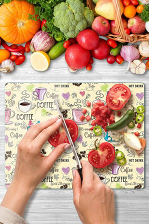 Cam Kesme Tahtası Coffee Desenli Çok Amaçlı 40x30 cm