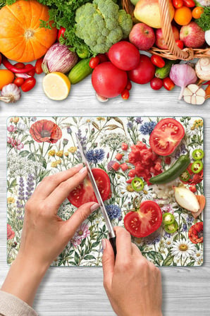 Cam Kesme Tahtası Çiçek Desenli Çok Amaçlı 40x30 cm