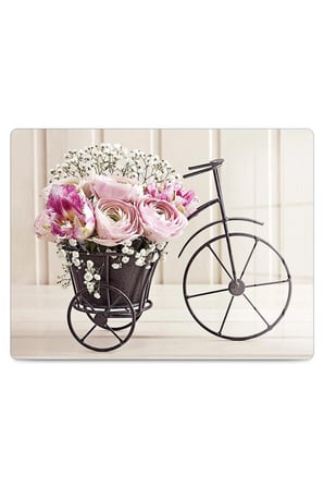Cam Kesme Tahtası Çiçek Buketli Bisiklet  Çok Amaçlı 40 x 30 cm