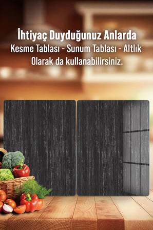 Ocak Arkası Cam Koruyucu – Siyah Ahşap Desen Isıya Dayanıklı Dekoratif Cam Panel 40 x 30 cm * 2 adet