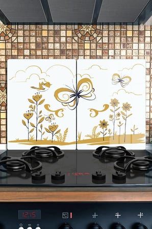 Ocak Arkası Cam Koruyucu – Çiçek Desen Isıya Dayanıklı Dekoratif Cam Panel 40 x 30 cm * 2 adet