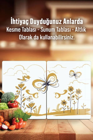 Ocak Arkası Cam Koruyucu – Çiçek Desen Isıya Dayanıklı Dekoratif Cam Panel 40 x 30 cm * 2 adet