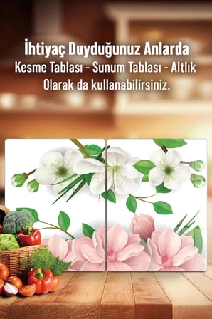 Reflexa Çiçek Desenli Ocak Arkası Cam Panel 2'li Set 40x30 cm Isıya Dayanıklı