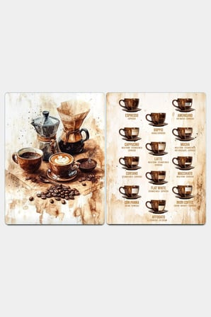 Ocak Arkası Cam Koruyucu – Kahve Çeşitleri Görselli Isıya Dayanıklı Dekoratif Cam Panel 40 x 30 cm * 2 adet