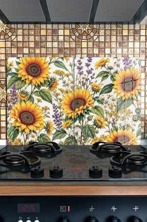 Ocak Arkası Cam Koruyucu – Ayçiçeği Desenli Isıya Dayanıklı Dekoratif Cam Panel 40 x 30 cm * 2 adet