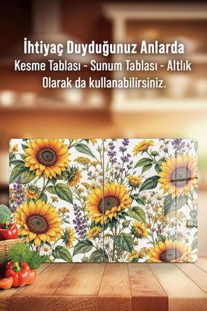 Ocak Arkası Cam Koruyucu – Ayçiçeği Desenli Isıya Dayanıklı Dekoratif Cam Panel 40 x 30 cm * 2 adet