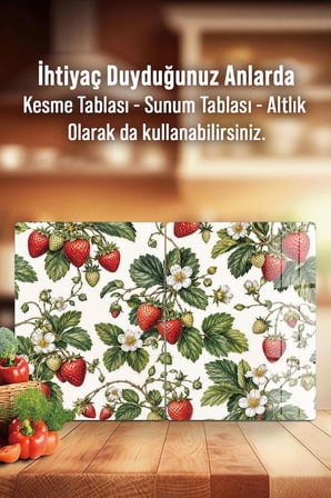 Ocak Arkası Cam Koruyucu – Çilek Desen Isıya Dayanıklı Dekoratif Cam Panel 40 x 30 cm * 2 adet