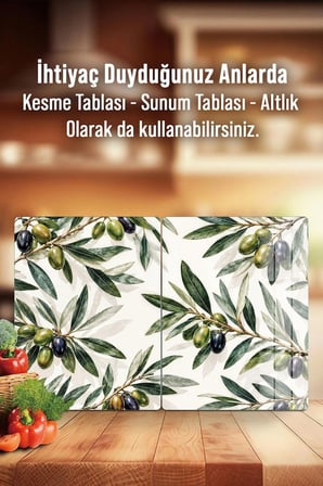 Ocak Arkası Cam Koruyucu – Zeytin Desen Isıya Dayanıklı Dekoratif Cam Panel 40 x 30 cm * 2 adet