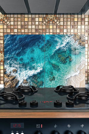 Ocak Arkası Cam Koruyucu – Okyanus Desenli Isıya Dayanıklı Dekoratif Cam Panel 40 x 30 cm * 2 adet