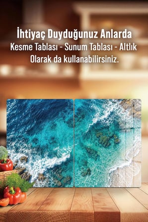 Ocak Arkası Cam Koruyucu – Okyanus Desenli Isıya Dayanıklı Dekoratif Cam Panel 40 x 30 cm * 2 adet