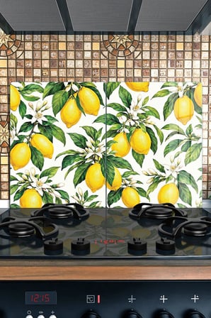Ocak Arkası Cam Koruyucu – Limon Desen Isıya Dayanıklı Dekoratif Cam Panel 40 x 30 cm * 2 adet