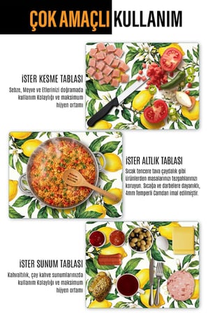 Ocak Arkası Cam Koruyucu – Limon Desen Isıya Dayanıklı Dekoratif Cam Panel 40 x 30 cm * 2 adet