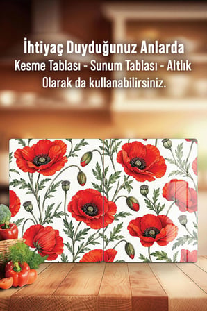 Ocak Arkası Cam Koruyucu – Gelincik Desen Isıya Dayanıklı Dekoratif Cam Panel 40 x 30 cm * 2 adet
