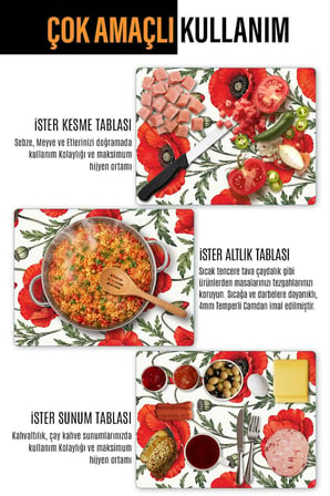 Ocak Arkası Cam Koruyucu – Gelincik Desen Isıya Dayanıklı Dekoratif Cam Panel 40 x 30 cm * 2 adet