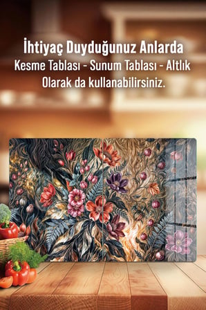 Ocak Arkası Cam Koruyucu – Çiçek Desen Isıya Dayanıklı Dekoratif Cam Panel 40 x 30 cm * 2 adet