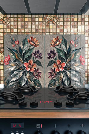 Ocak Arkası Cam Koruyucu – Çiçek Desen Isıya Dayanıklı Dekoratif Cam Panel 40 x 30 cm * 2 adet