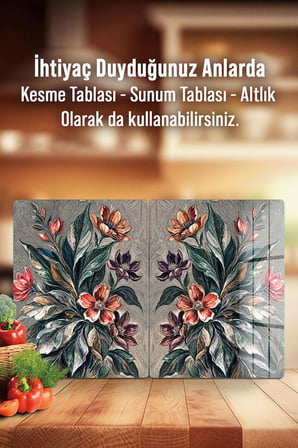 Ocak Arkası Cam Koruyucu – Çiçek Desen Isıya Dayanıklı Dekoratif Cam Panel 40 x 30 cm * 2 adet