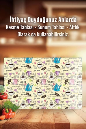 Ocak Arkası Cam Koruyucu – Coffee Desen Isıya Dayanıklı Dekoratif Cam Panel 40 x 30 cm * 2 adet