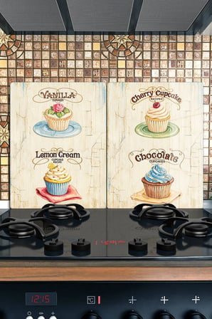 Ocak Arkası Cam Koruyucu – Cupcake Desen Isıya Dayanıklı Dekoratif Cam Panel 40 x 30 cm * 2 adet