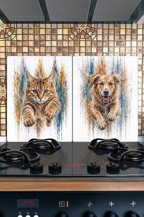Ocak Arkası Cam Koruyucu – Kedi / Köpek Desen Isıya Dayanıklı Dekoratif Cam Panel 40 x 30 cm * 2 adet
