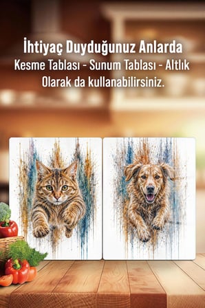 Ocak Arkası Cam Koruyucu – Kedi / Köpek Desen Isıya Dayanıklı Dekoratif Cam Panel 40 x 30 cm * 2 adet