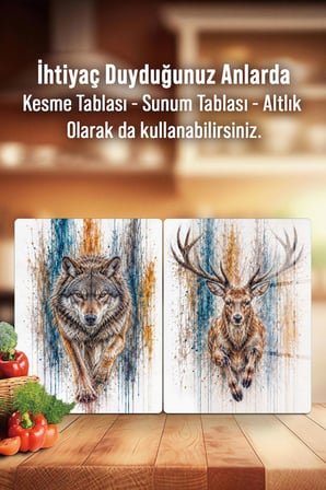 Ocak Arkası Cam Koruyucu – Kurt / Geyik Desen Isıya Dayanıklı Dekoratif Cam Panel 40 x 30 cm * 2 adet