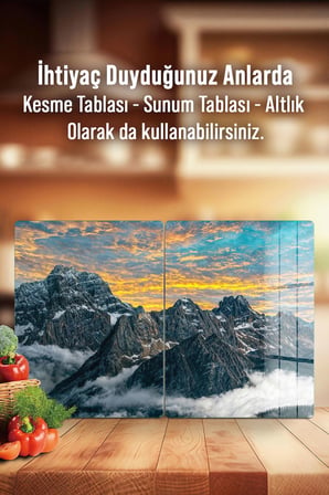 Ocak Arkası Cam Koruyucu – Dağ Manzaralı Isıya Dayanıklı Dekoratif Cam Panel 40 x 30 cm * 2 adet