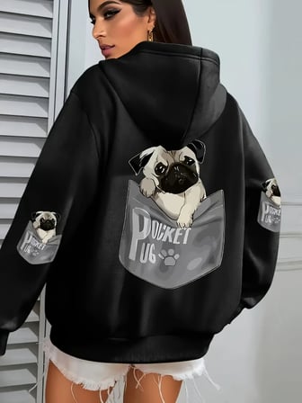 Cep Pug Kapüşonlu Üstleri Kadınlar Karikatür Köpek Baskılı Büyük Beden Cepli Kapüşonlu Üst Kı