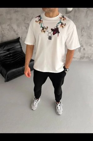 Erkek Baskılı T-Shirt Kısa Kol Bisiklet Yaka Regular Fit Rahat Kalıp Günlük Tişört - Beyaz