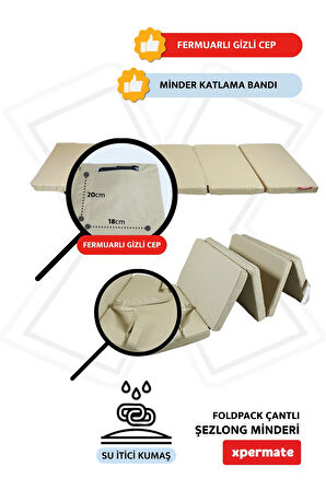 XPERMATE Katlanır Şezlong Minderi Fermuarlı Çantalı Cepli FoldPack 30x60x25cm Bej 