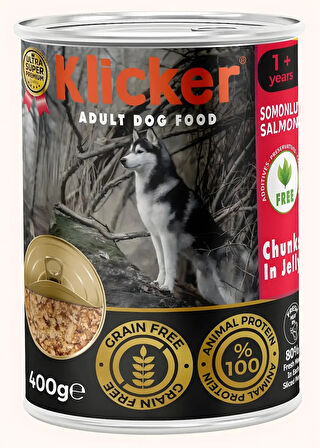KLICKER 12 ADET JÖLELİ PARÇA ETLİ YETİŞKİN KÖPEK KONSERVE YAŞ MAMASI SOMONLU 400 GR
